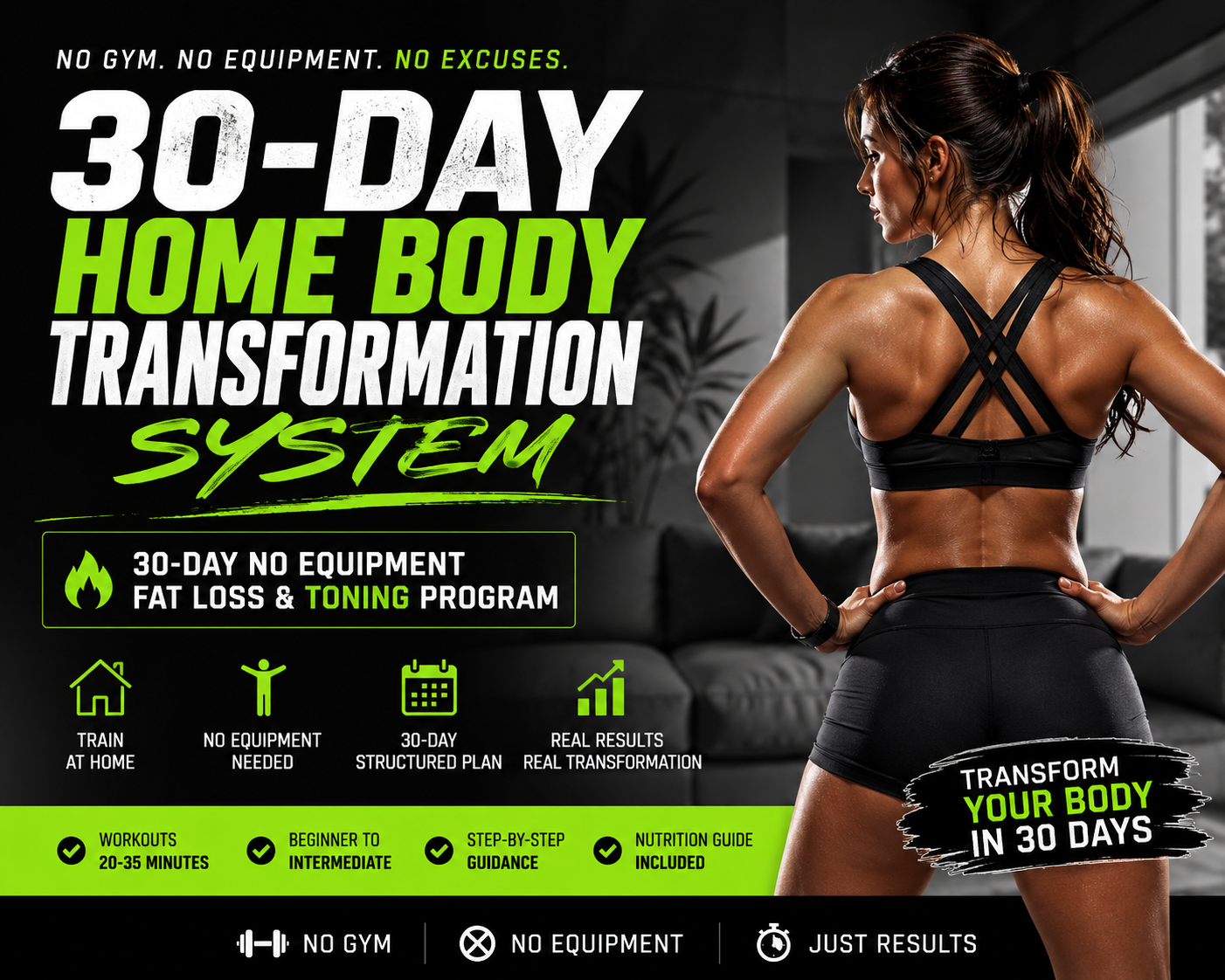 30-Day Home Body Transformation System – No Equipment Fat Loss & Toning Plan